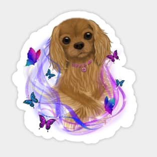 Magical Cavalier King Charles Spaniel and Butterflies, Ruby Sticker